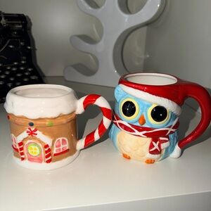 Christmas GingerBread House & Santa Owl Ceramic Coffee Tea Mugs Bundle LOT X 2